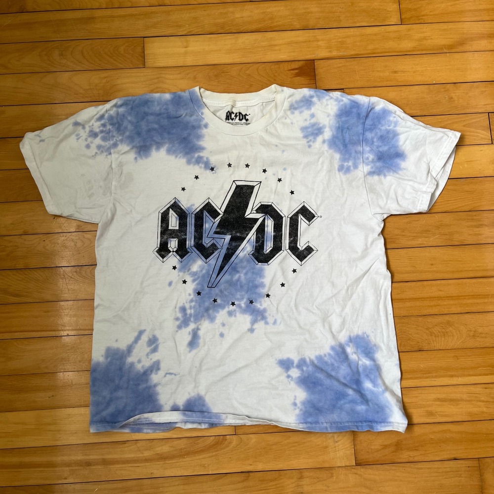 ACDC Band Graphic T-Shirt Blue White Tie Dye Star Logo Mens Large 100% Cotton
